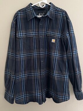 Carhartt Men's Loose Fit Heavyweight Flannel Long-Sleeve Plaid Shirt in Navy 2XL